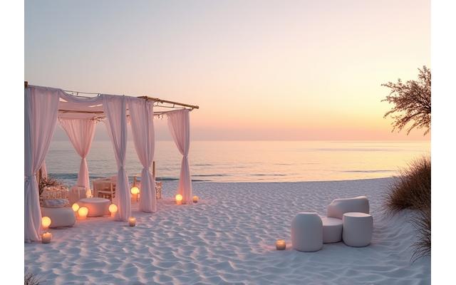 Serene beach venue with white sand and ocean views set up for an event