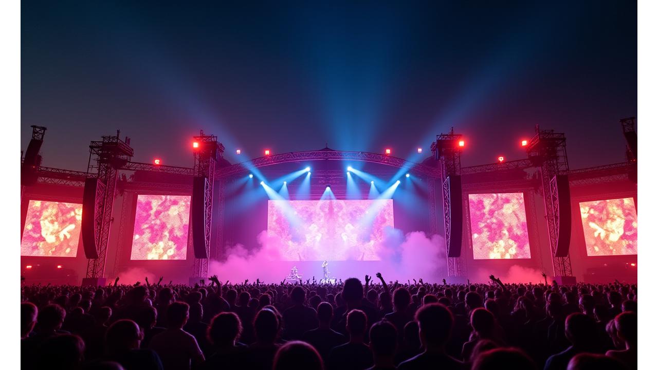 An elaborate outdoor festival main stage with vibrant lighting and intricate truss structures