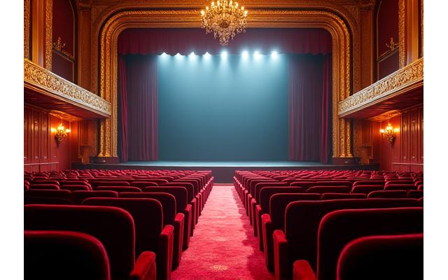 Ornate interior of a historic theater with plush red seating and a grand stage