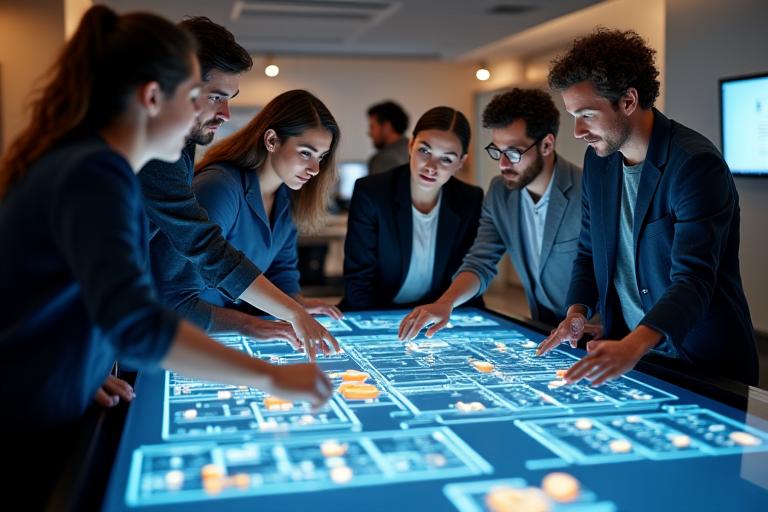 Team of event planners reviewing venue blueprints and digital maps on a large screen