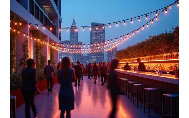 Expansive rooftop terrace venue in downtown Los Angeles at sunset