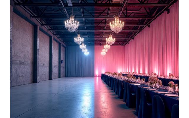 Before and after comparison of a drab warehouse transformed into an elegant corporate gala space