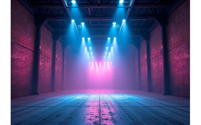 Industrial warehouse interior transformed into a vibrant art exhibition space